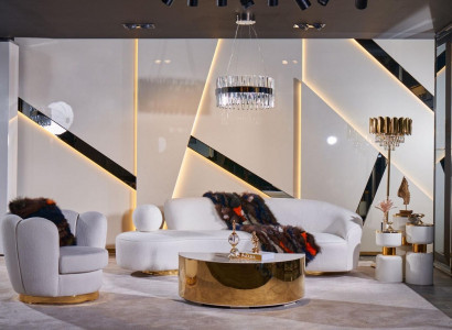 Modern sofa set, white three-seater, luxury armchair, elegant coffee table